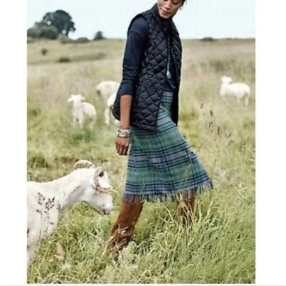 J Jill Plaid & Fringed Skirt Grey Blue Green Size 14P Lined - Picture 4 of 9